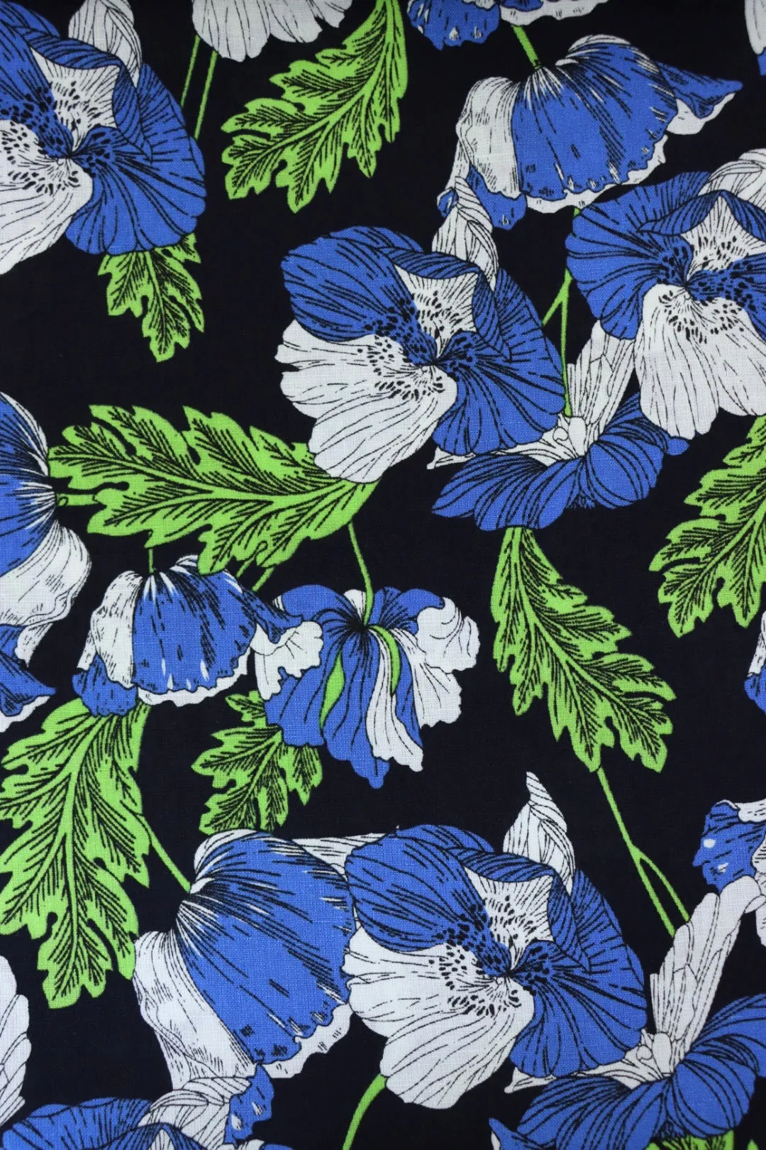 1YD 12IN REMNANT; Blue & White Floral on Black Linen Blend