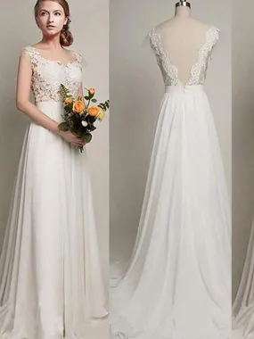 A-Line/Princess Scoop Sweep/Brush Train Chiffon V-Back Wedding Dress OW260