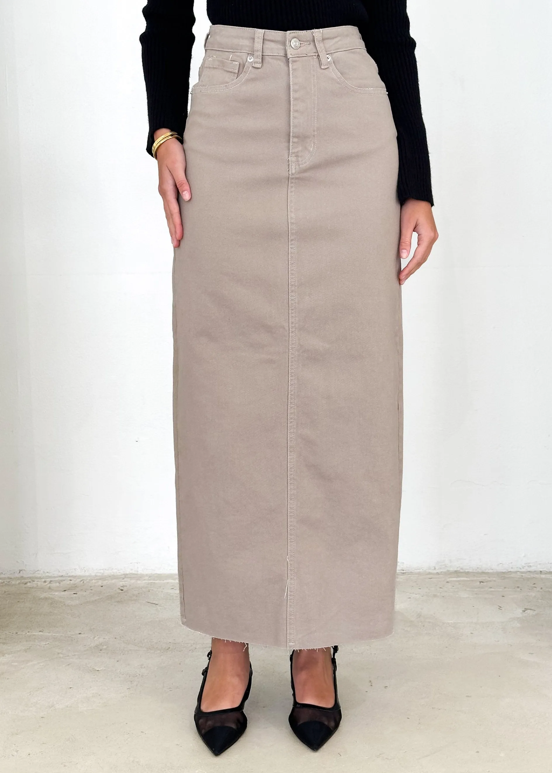 Amellia Stretch Denim Midi Skirt - Mocha