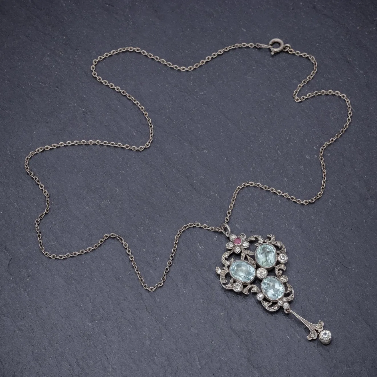 Antique Edwardian Pendant Necklace Paste Stone Silver Circa 1910