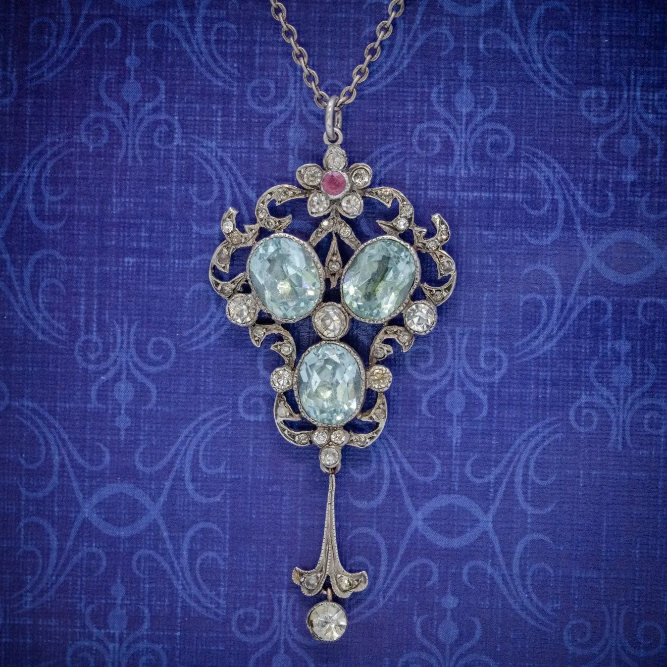 Antique Edwardian Pendant Necklace Paste Stone Silver Circa 1910
