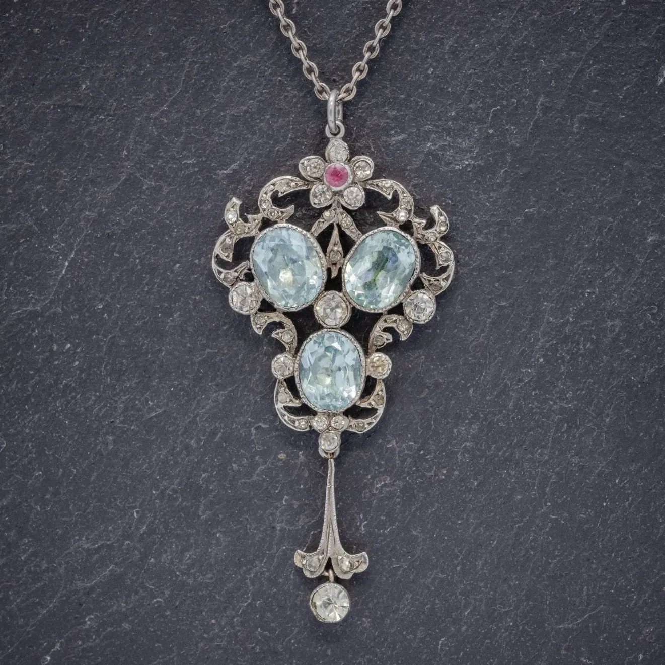 Antique Edwardian Pendant Necklace Paste Stone Silver Circa 1910