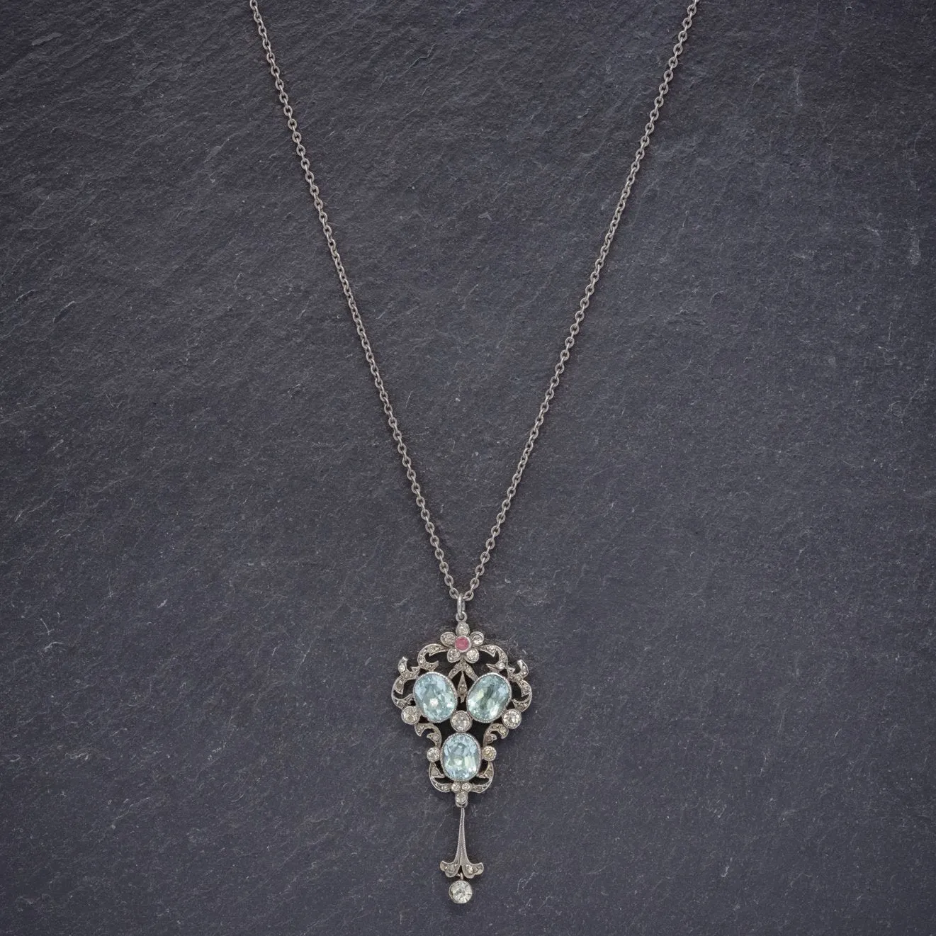 Antique Edwardian Pendant Necklace Paste Stone Silver Circa 1910