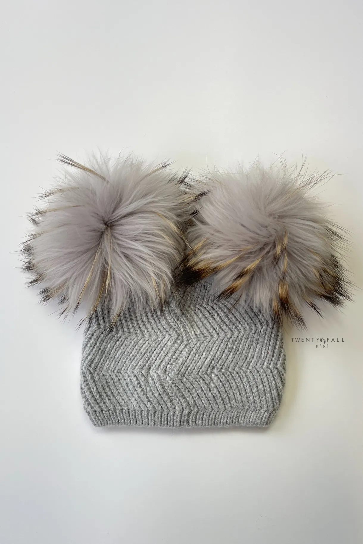 Baby Grey Double Raccoon Fur Pom Pom Hat