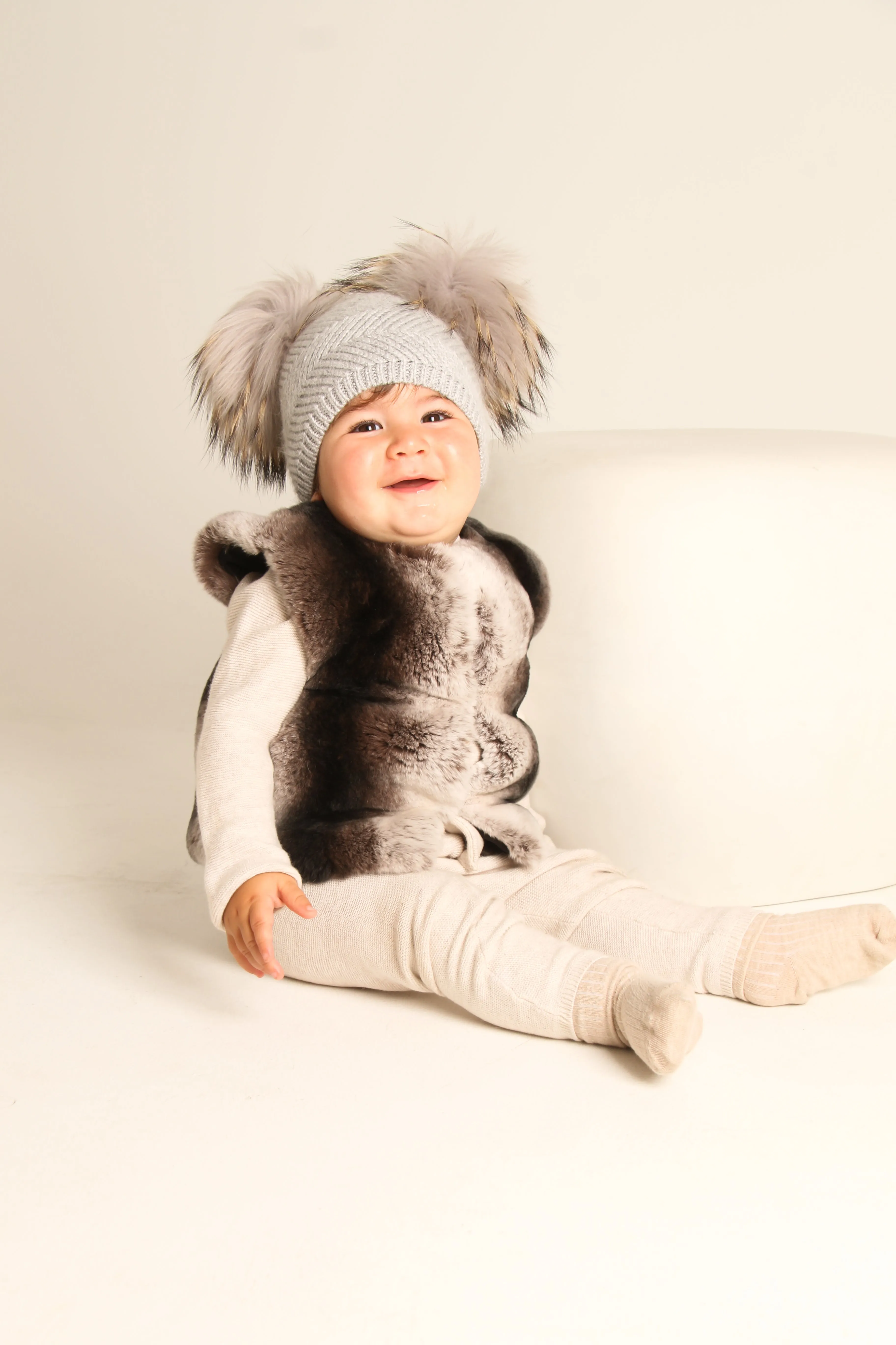 Baby Grey Double Raccoon Fur Pom Pom Hat
