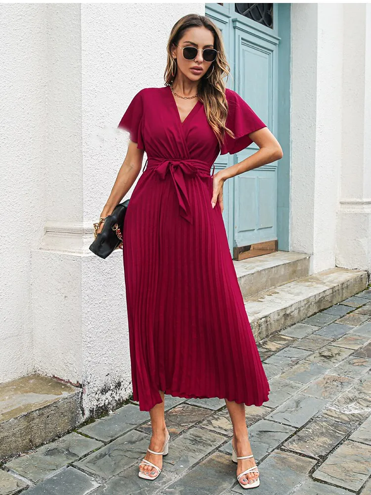 BerriesJam - 2024 V-neck Short Sleeve casual Folds Lace Up Party Beach Dress
