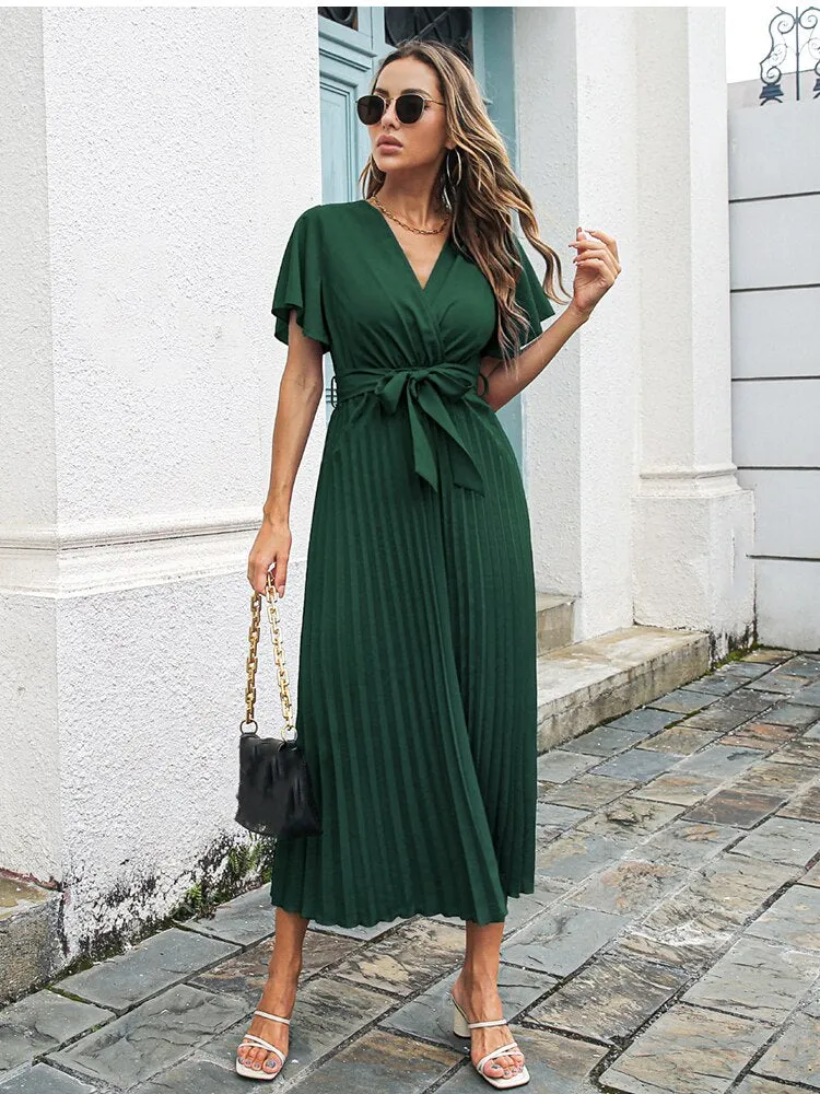 BerriesJam - 2024 V-neck Short Sleeve casual Folds Lace Up Party Beach Dress