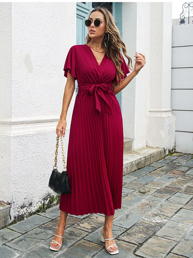 BerriesJam - 2024 V-neck Short Sleeve casual Folds Lace Up Party Beach Dress