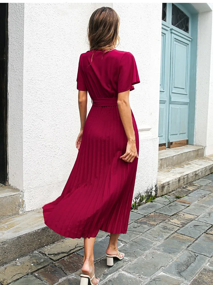 BerriesJam - 2024 V-neck Short Sleeve casual Folds Lace Up Party Beach Dress