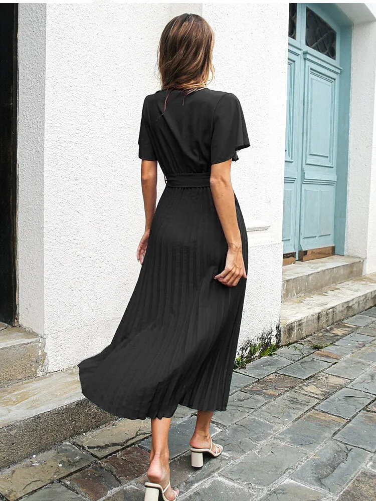 BerriesJam - 2024 V-neck Short Sleeve casual Folds Lace Up Party Beach Dress
