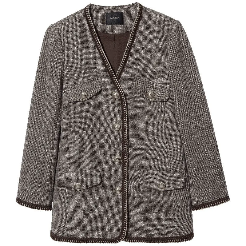 Brown Wool Single-Breasted Women Jacket