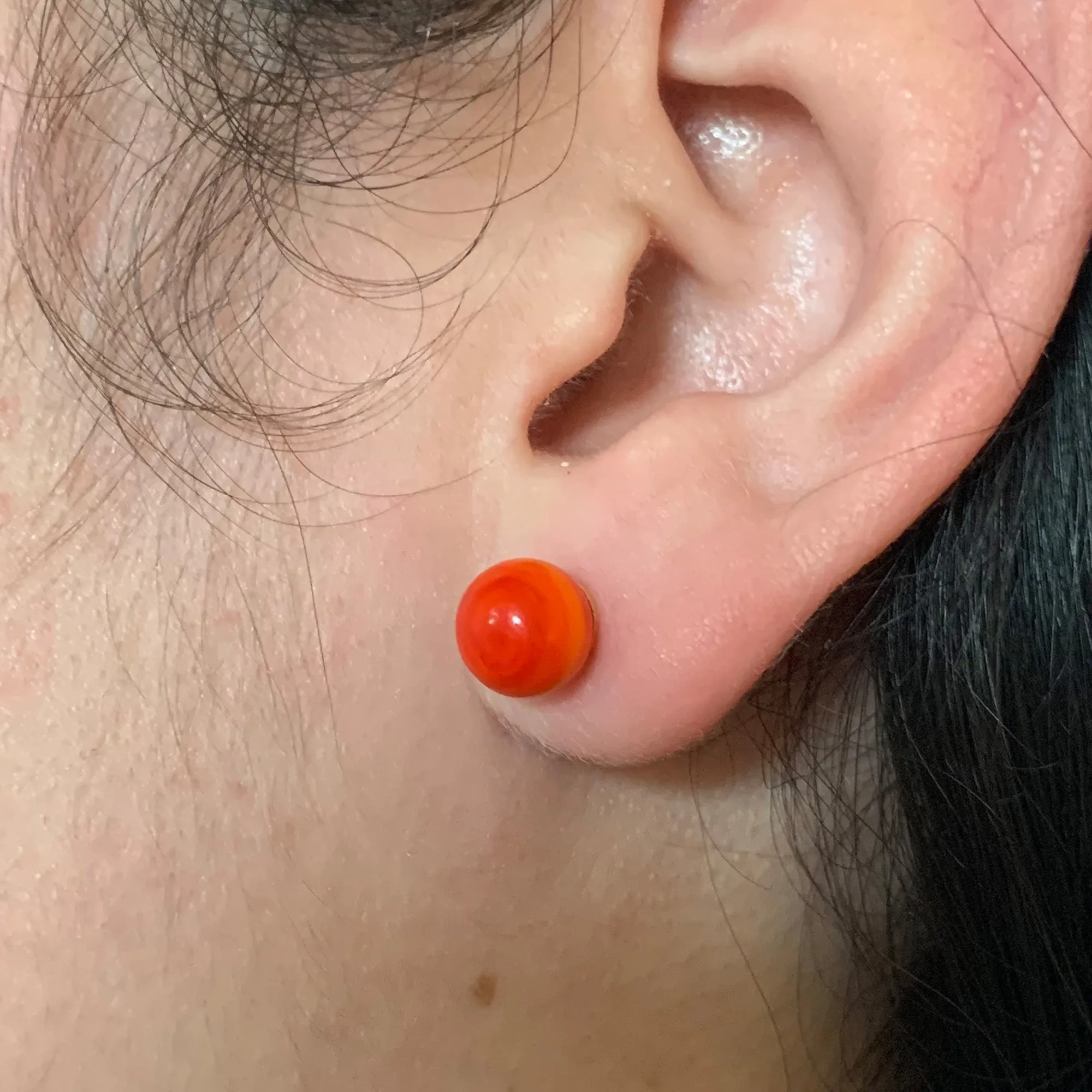 Earrings with light red pastel Murano glass sphere studs on 24ct gold plated posts