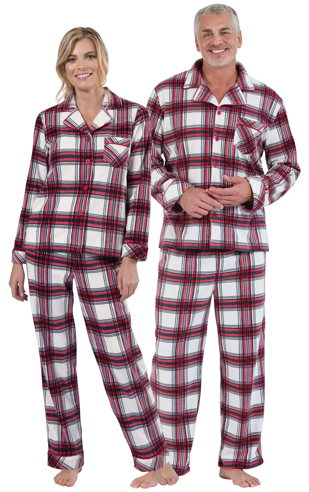 Fireside Plaid Fleece Button-Front Mens Pajamas - Couples