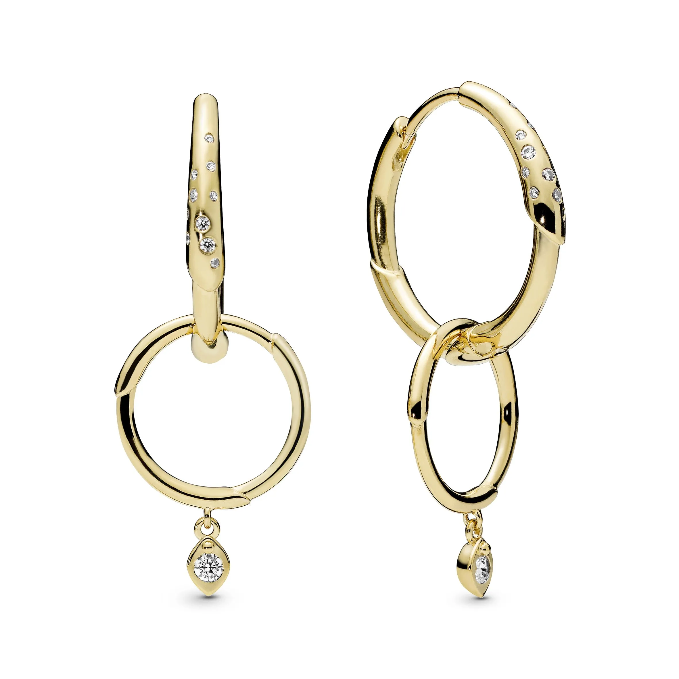 Flower stem 14k Gold Plated  hoop earrings with clear cubic zirconia