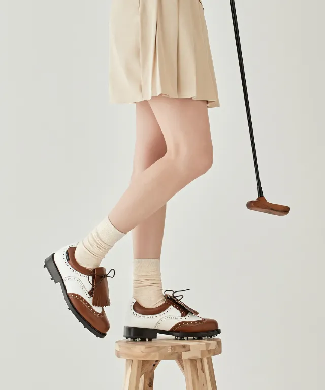 Giclee Unisex Classy Combi Premium Leather Golf Shoes - Brown