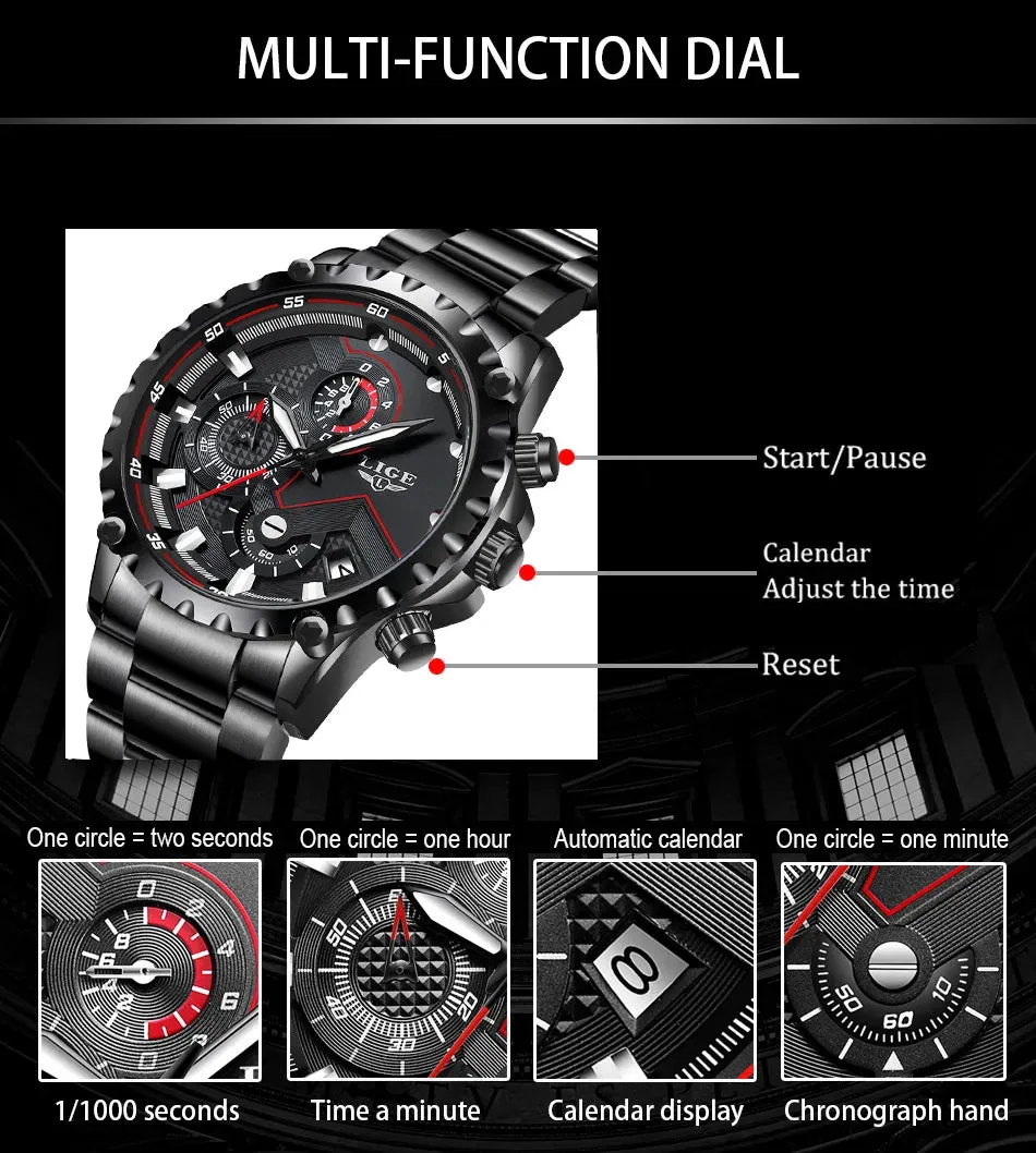 LIGE Men's Luxury Chronograph Watch - Fashionable, Waterproof, Stainless Steel