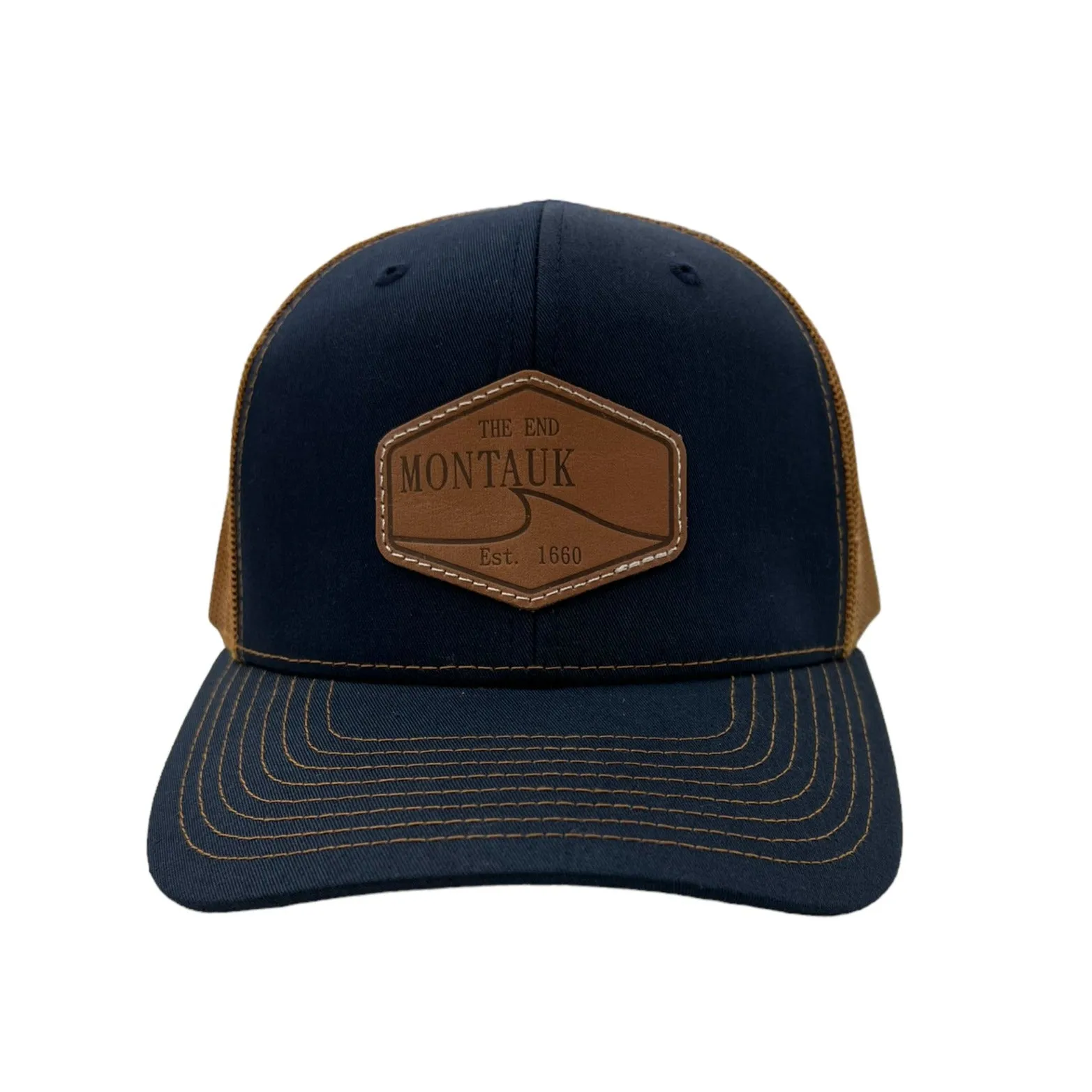 Montauk Surf and Sports The End Wave Patch Logo Leather Ostrich Style Hat in Blue and Brown