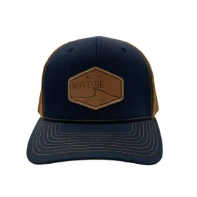 Montauk Surf and Sports The End Wave Patch Logo Leather Ostrich Style Hat in Blue and Brown