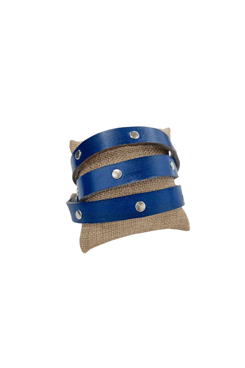 Tri Wrap Studded Leather Bracelet in Blue