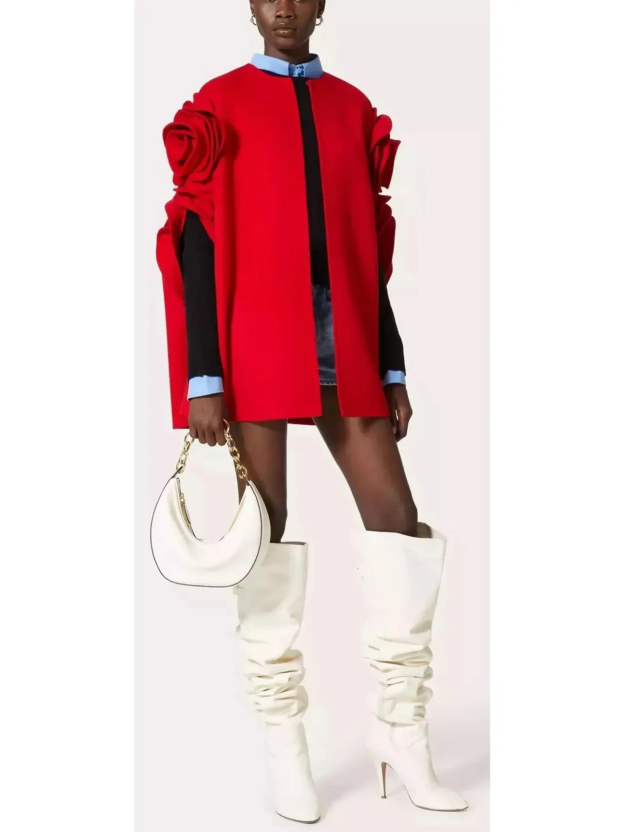 Women’s Compact Cape Coat with Rose Applique Detail in Red
